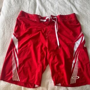 Oakley Red and White Men Swim Board Shorts